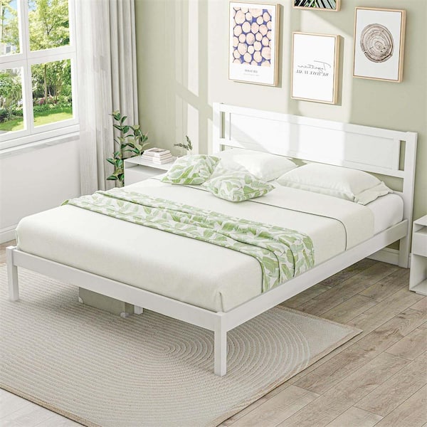 Costway White Wood Frame Full Platform Bed with Storage