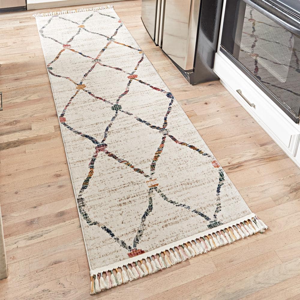 Ivory Geometric Synthetic Easy Care Runner Rug with Fringe