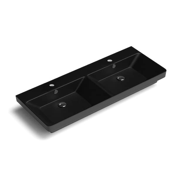 WS Bath Collections Luxury 120 Ceramic Rectangle Wall Mounted/Drop-In Sink With one faucet hole in Matte Black