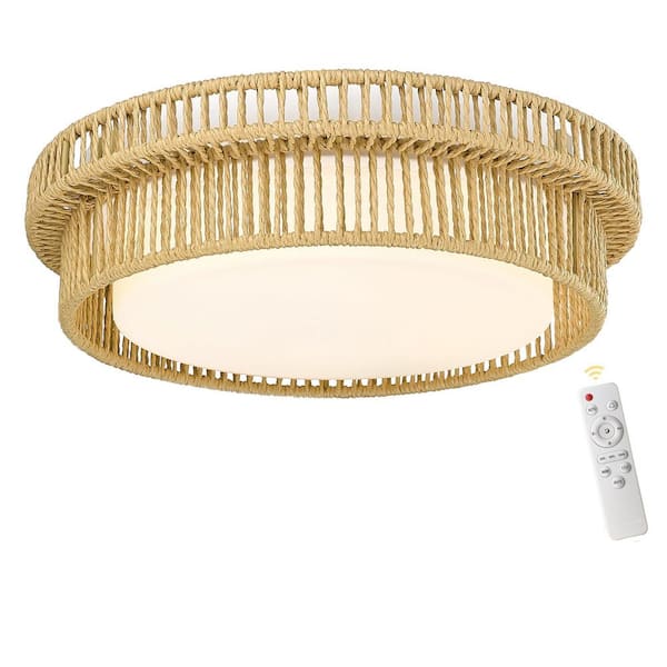 17.8 in Beige Wood Finish Boho Flush Mount with Frosted Glass Shade and Integrated LED