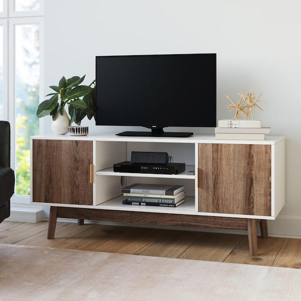 Nathan James Wesley 43 in. White and Rustic Oak Particle Board TV Stand Fits TVs Up to 40 in. with Storage Doors