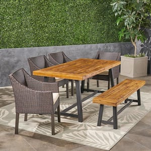 Calero Sandblast Teak Brown 6-Piece Wood and Multi-Brown Faux Rattan Outdoor Dining Set with Beige Cushions