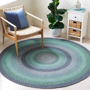 Braided Gray/Green 6 ft. x 6 ft. Striped Border Round Area Rug