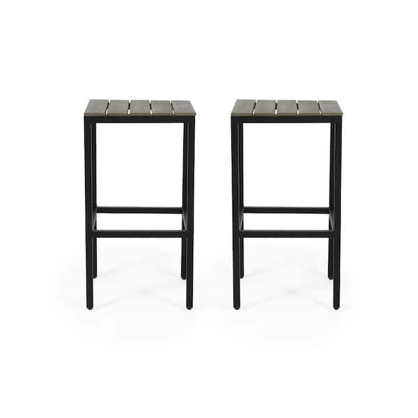 Noble House Elkhart Black Wood Outdoor Bar Stool in Grey Seat (2-Pack)