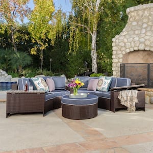 Lachlan Brown 8-Piece Wicker Outdoor Sectional Set with Navy Blue Cushions