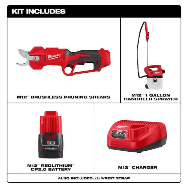 M12 FUEL 12V Brushless Cordless Brushless Cordless Pruner w/M12 1 Gal. Handheld Sprayer, (2) 2.0 Ah Battery, Charger