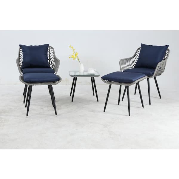 Zeus & Ruta Gray 5-Piece Wicker Outdoor Patio Conversation Set with Navy Blue Cushions and Glass Side Table for Outside, Backyard