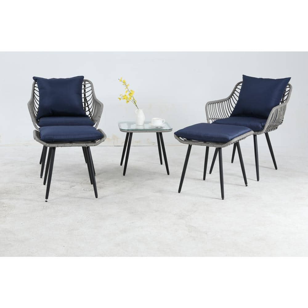 Gray 5-Piece Wicker Outdoor Patio Conversation Set with Navy Blue Cushions and Glass Side Table for Outside, Backyard