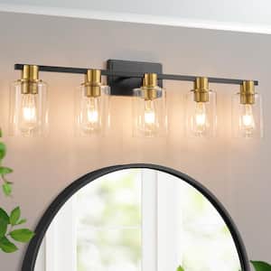 35 in. 5-Light Black and Gold Modern Industrial Indoor Vanity Light with Clear Glass Shades, Bulbs Not Included