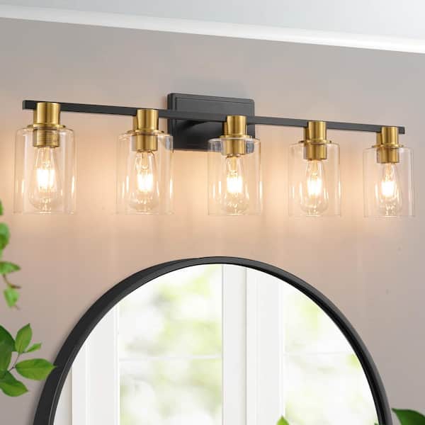 Deyidn 35 in. 5-Light Black and Gold Modern Industrial Indoor Vanity Light with Clear Glass Shades, Bulbs Not Included