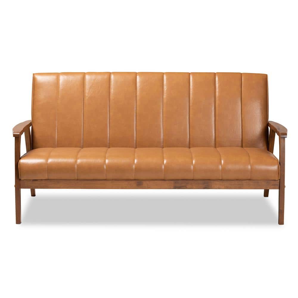 Nikko 64'' Walnut Brown Faux Leather Mid-Century Sofa