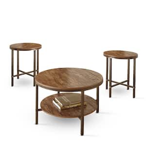Sedona 32 in. Rustic Brown Round Wood Coffee Table with 2-Accent End Tables