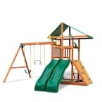 DIY Outing III Wooden Swing Set with Canopy Roof, 2 Wave Slides, Rock Wall, and Playset Accessories