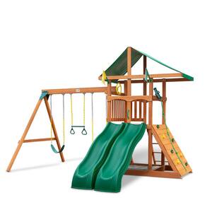 DIY Outing III Wooden Swing Set with Canopy Roof, 2 Wave Slides, Rock Wall, and Playset Accessories