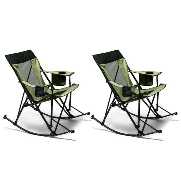 Clihome Outdoor Metal Frame Green Mesh Beach Rocking Chair with Side Pocket (Set of 2)