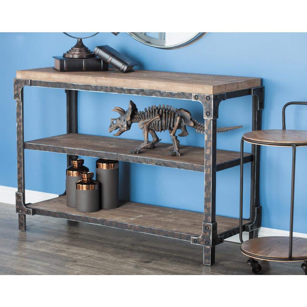 Brown Industrial Wood and Metal 3-Tier Console Table with Storage