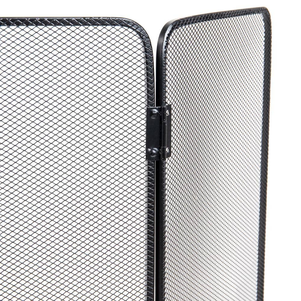 Black Metal Mesh Three-Panel Folding Fireplace Screen with Door