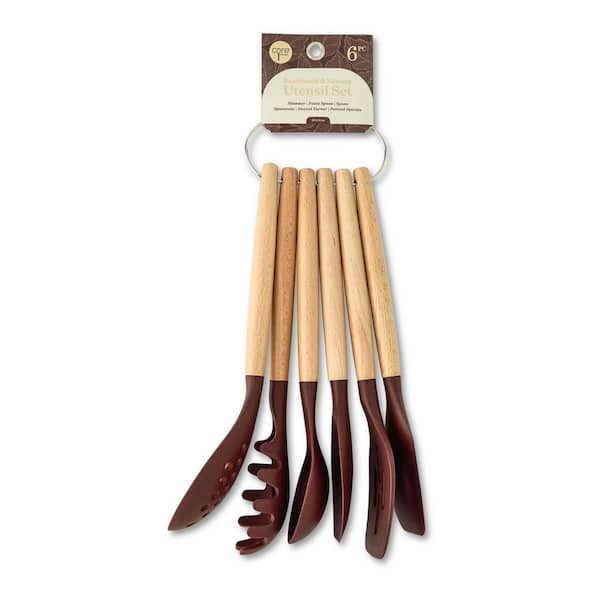 Brown 6 Pieces Beechwood and Silicone Utensil Set