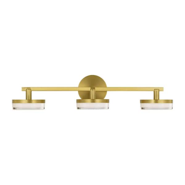 Khan 24 in. 3-Light Burnished Brass Integrated LED Bathroom Bedroom Wall Vanity Light with Silk White Glass Shades