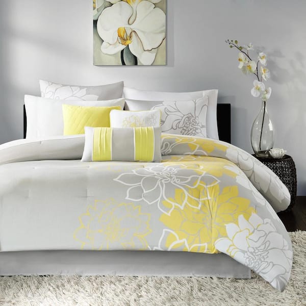Brianna 7-Piece Taupe Grey/Yellow Cotton Queen Comforter Set
