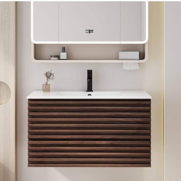 36 in. W x 18.3 in. D x 19.7 in. H Floating 1-Sink Bath Vanity in Brown with White Ceramic Top and Drain Faucet Set