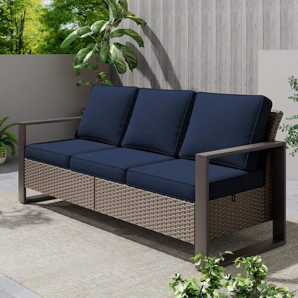 3-Seat Wicker Outdoor Patio Couch Sofa with Steel Frame and Faux Wood Armrests, Dark Blue Cushions