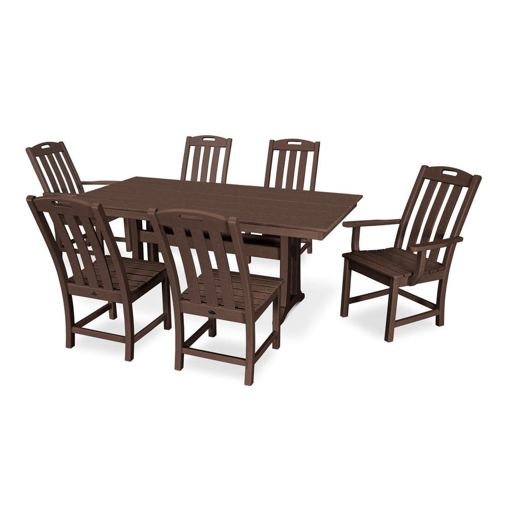 Yacht Club Vintage Lantern 7-Piece Farmhouse Trestle Plastic Rectangle Outdoor Dining Set