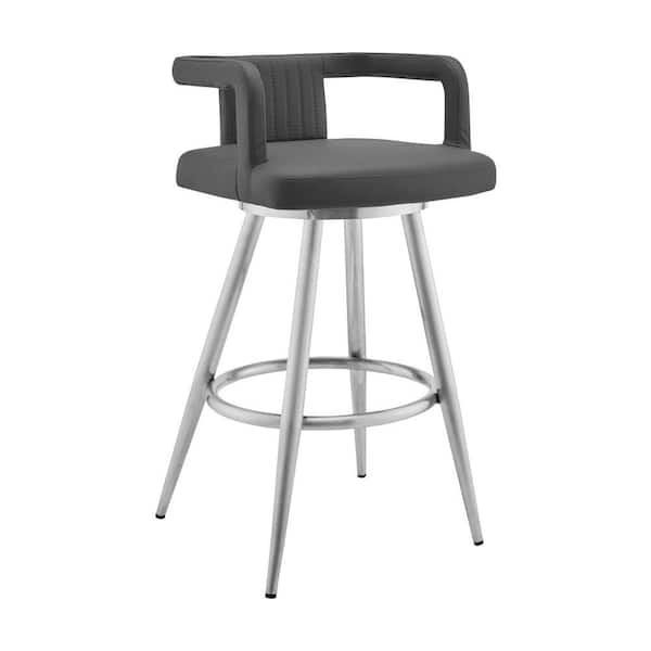 Benjara 28 in. Gray Low Back Metal Frame Bar Stool with Faux Leather Seat
