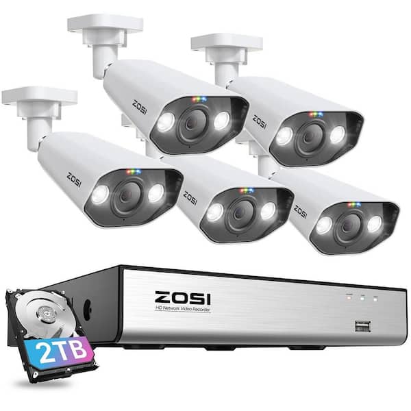 ZOSI 8-Channel 5MP POE 2TB HDD NVR Security Camera System with 5-Wired Outdoor Bullet Cameras, Spotlight, 2-Way Audio
