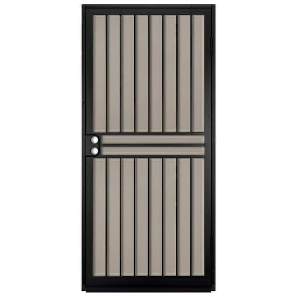 Unique Home Designs 36 in. x 80 in. Guardian Black Surface Mount Outswing Steel Security Door with Tan Perforated Aluminum Screen