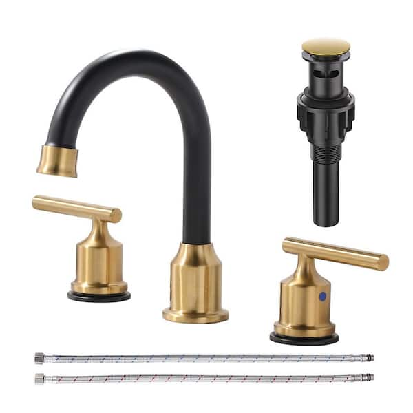 8 in. Widespread 3 Hole Double Handle Bathroom Faucet with Pop-up Drain and cUPC Water Supply Lines in Black and Gold