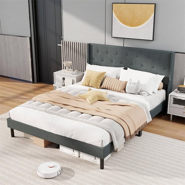 Dark Gray Wood Frame Queen Size Platform Bed Frame Linen Upholstered Mattress Foundation with Wooden Slats