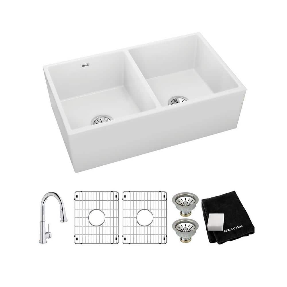 UPC 094902128504 product image for Elkay White Fireclay 33 in. Double Bowl Farmhouse Apron Kitchen Sink Kit with Fa | upcitemdb.com