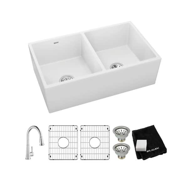 Elkay White Fireclay 33 in. Double Bowl Farmhouse Apron Kitchen Sink Kit with Faucet