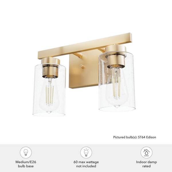 Hunter - Hartland 13 in. 2-Light Alturas Gold Vanity Light with Clear Seeded Glass Shades