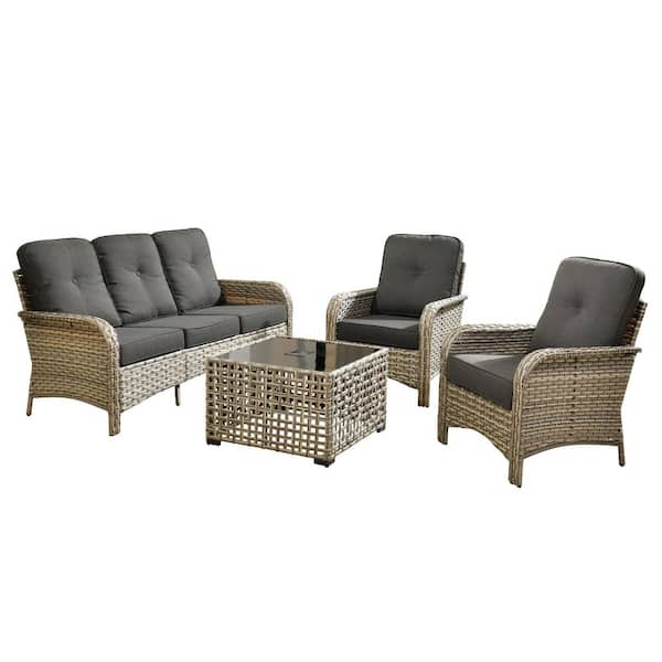 Ruby 4-Piece Wicker Outdoor Furniture Patio Conversation Sofa Set with a Solar-LED Coffee Table and Black Cushions