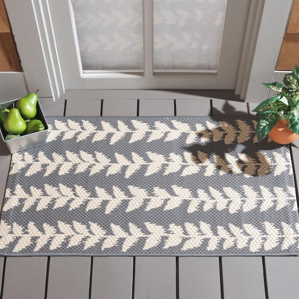 Courtyard Anthracite/Beige 5 ft. x 8 ft. Geometric Striped Leaves Indoor/Outdoor Area Rug