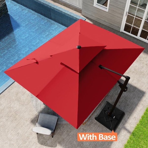 Double Top 9 ft. x 11.5 ft. Aluminum 360° Swivel Cantilever Patio Umbrella in Red with 220 lbs. Umbrella Stand Base