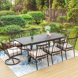 Black 9-Piece Metal Patio Outdoor Dining Set with Extensible Slat Table and Swivel Stylish Chairs with Beige Cushion