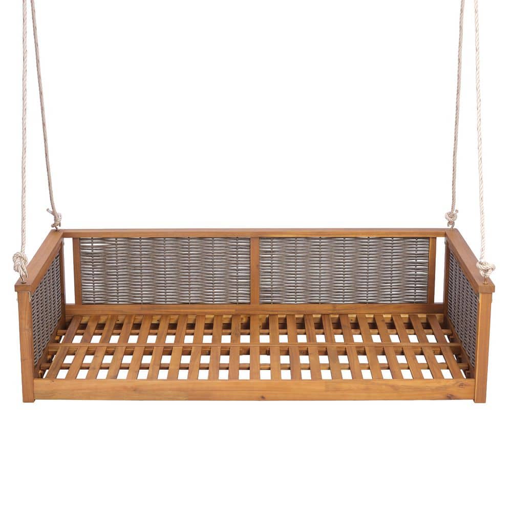 Outdoor 2-Person Teak Solid Wood Porch Swing Bed with Rattan Swing Frame and Long Ropes price history on PriceWatchPro