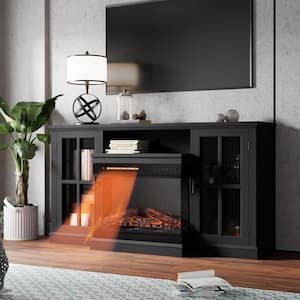 59 in. Deluxe Black TV Stand with 5,000 BTU Electric Fireplace and Glass Cabinets, Room Center Fits TV's up to 65 in.