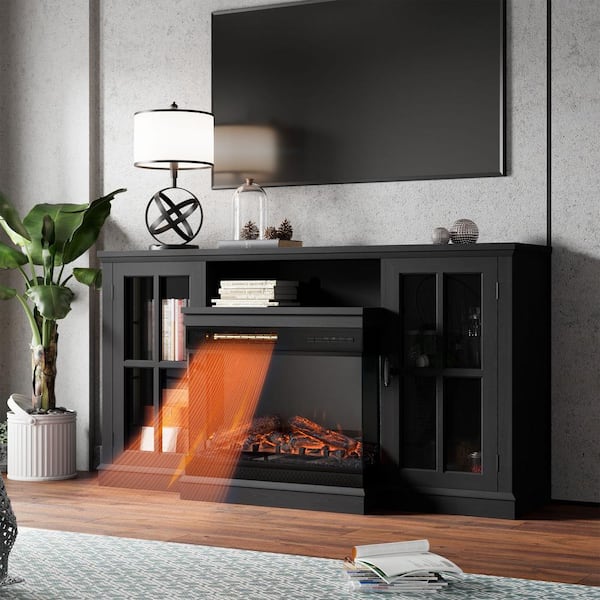59 in. Deluxe Black TV Stand with 5,000 BTU Electric Fireplace and Glass Cabinets, Room Center Fits TV's up to 65 in.