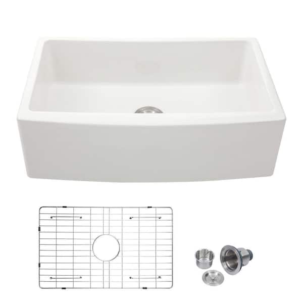 33 in. Farmhouse/Apron-Front Single Bowl White Ceramic Kitchen Sink with Accessories