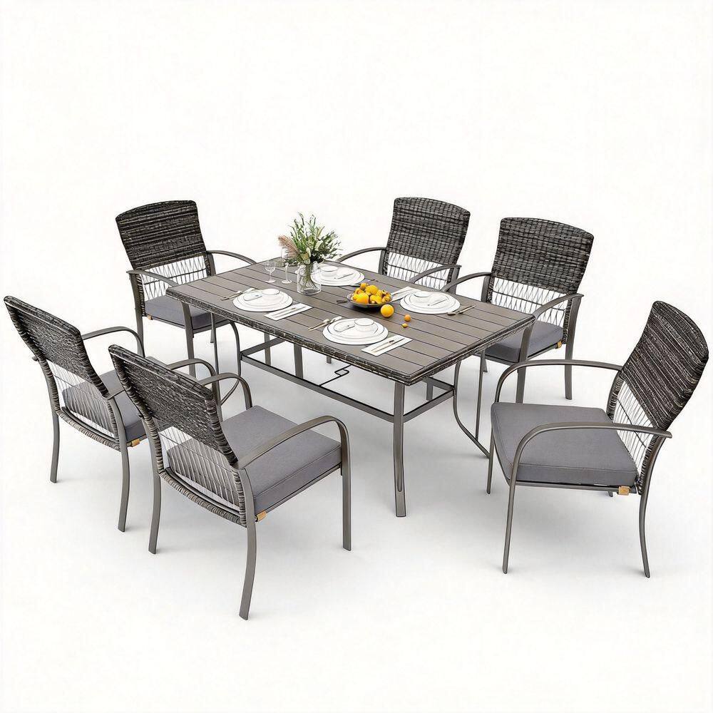 7-Piece Beige Steel Wicker Outdoor Patio Dining Set with lron Slats Table Top,Gray price history on PriceWatchPro