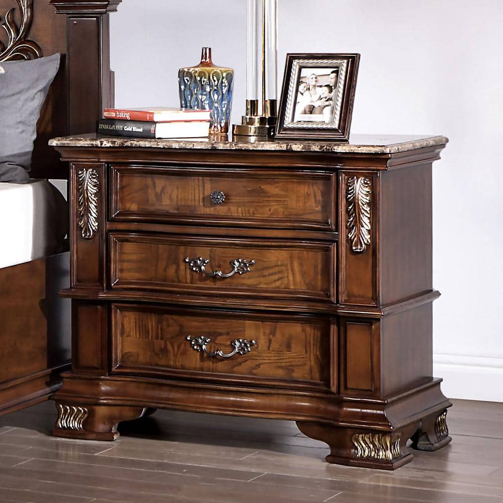 Furniture of America Florince Brown Cherry 3 Drawer 32 in. W Nightstand With Geuine Marble Top IDF 7478CH N The Home Depot