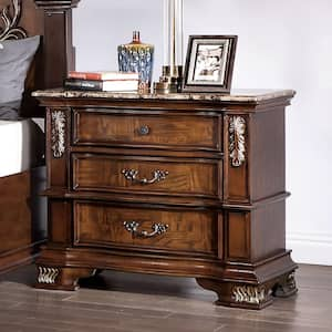 Florince Brown Cherry 3-Drawer 32 in. W Nightstand With Geuine Marble Top