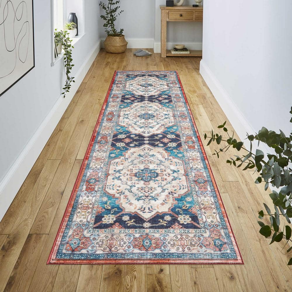Ivory and Navy Medallion Polyester Washable Area Rug