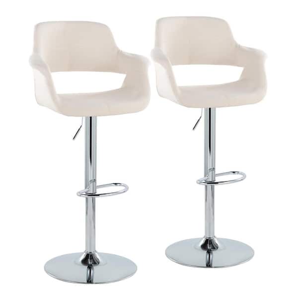 Lumisource Vintage Flair 47.25 in. Cream Fabric and Chrome High Back Adjustable Bar Stool with Oval Footrest (Set of 2)