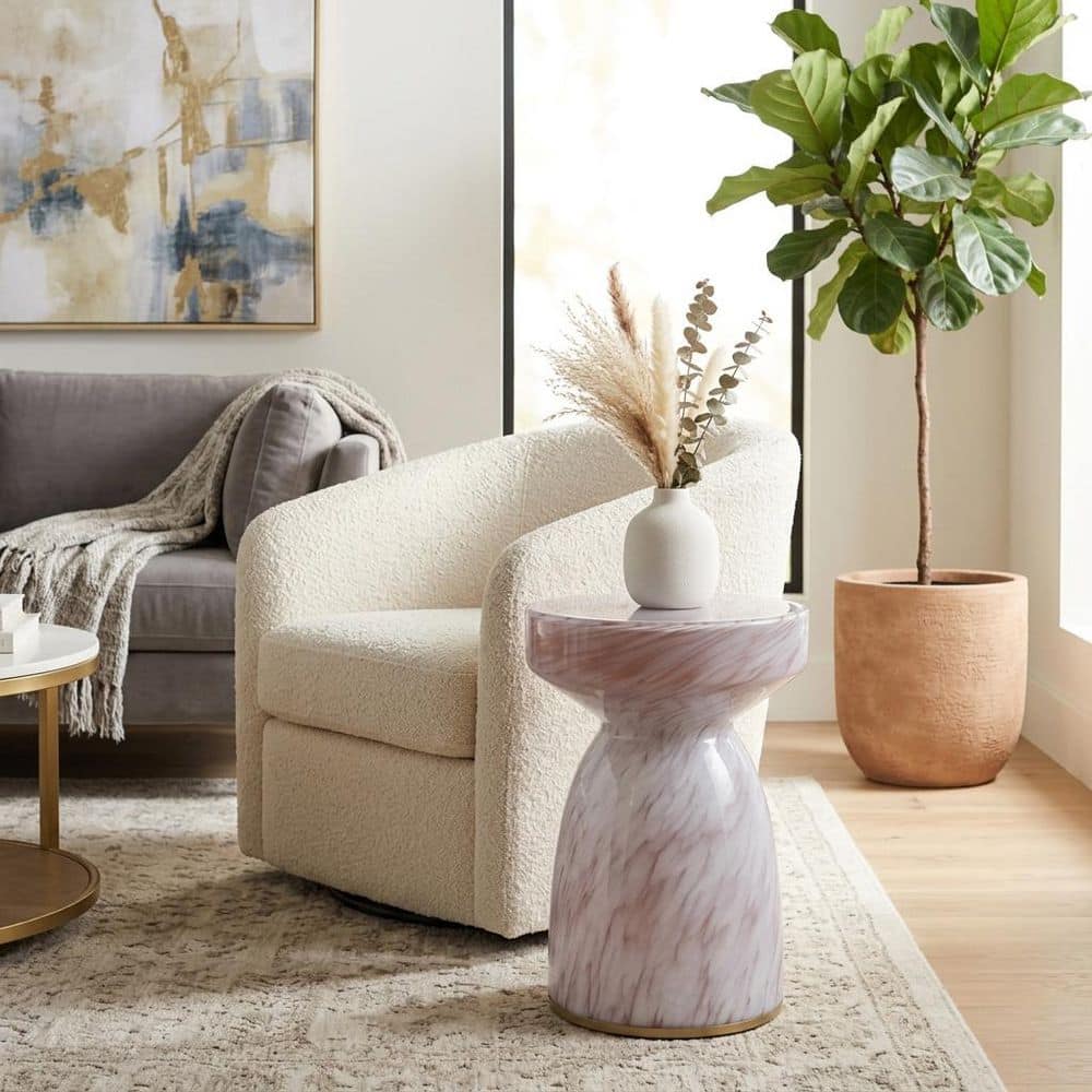 12 in. White/Pink Round Glass Art Accent End Table with Gold Detail Base