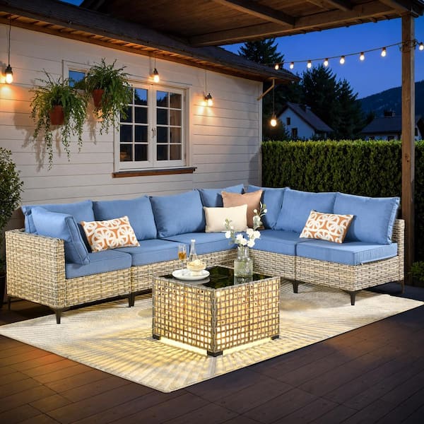 HOOOWOOO Holston 7-Piece Wicker Modern Outdoor Patio Conversation Sofa Sectional Set with a LED Table and Sky-Blue Cushions